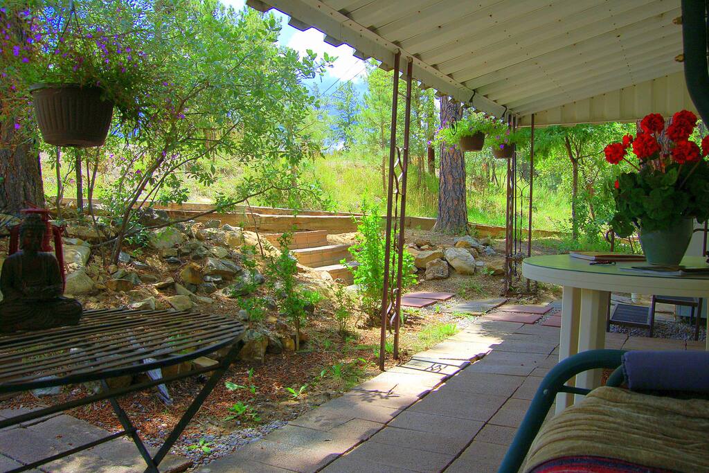 Porch with swing seating for bird and deer watching