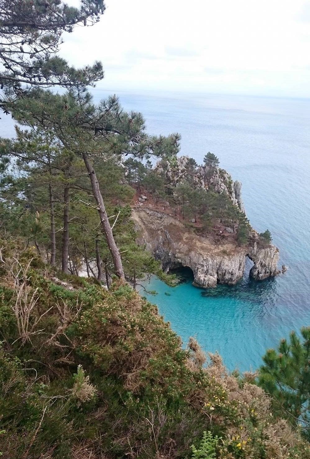 A coastal landscape featuring a rocky outcrop surrounded by clear turquoise waters. Lush greenery, including tall trees and bushes, frames the view, leading down to the sea. Soft waves can be seen gently lapping against the shore, creating a serene coastal atmosphere.