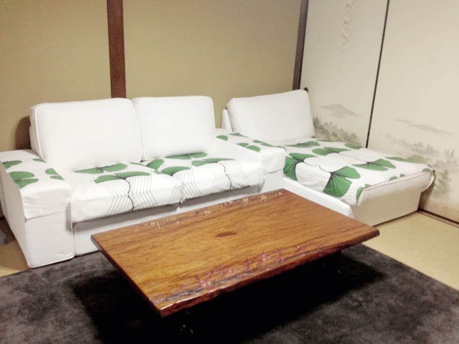 Comfy couch with Sakura wood table