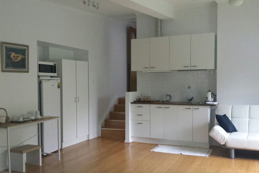fully equipped kitchenette, with cook top, microwave. Gadgets in the cupboard like jaffle maker, smoothie maker, slow cooker, toaster, coffee plunger etc