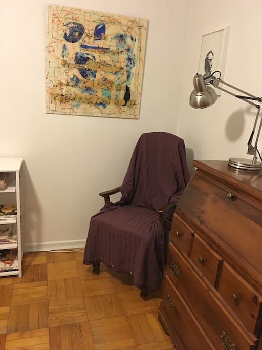 Drop leaf writing desk with writing materials and power station with charging ports