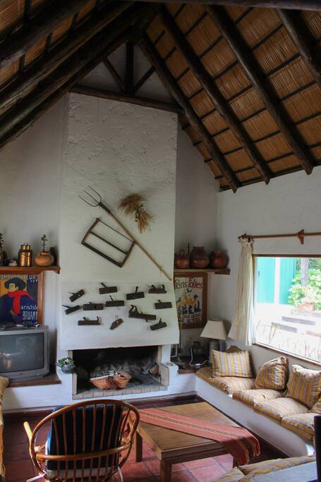Living, estufa a leña, vista al jardín delantero y trasero