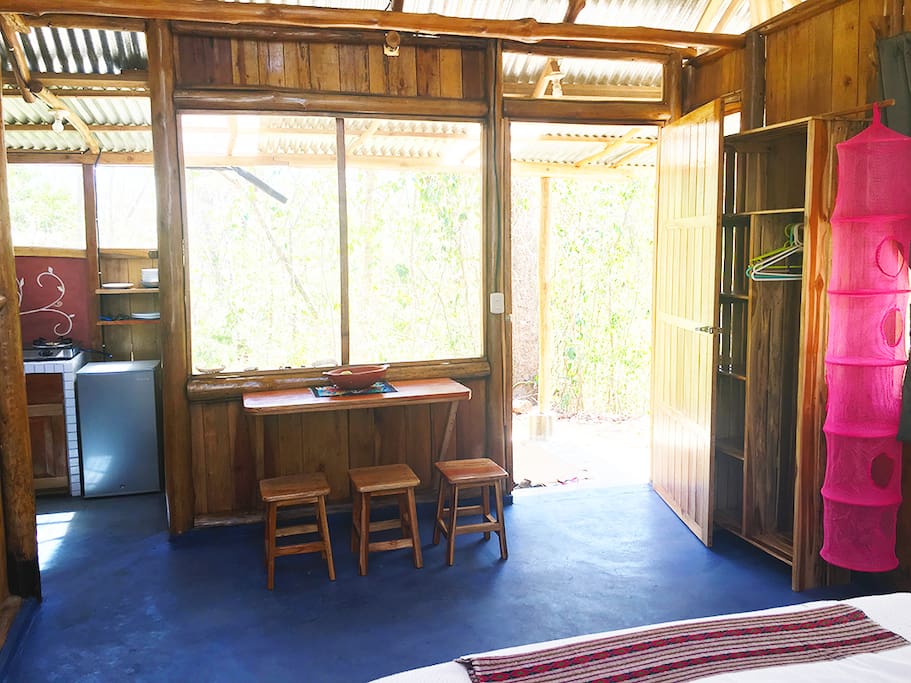 The casita has a desk, and a closet for your clothes.