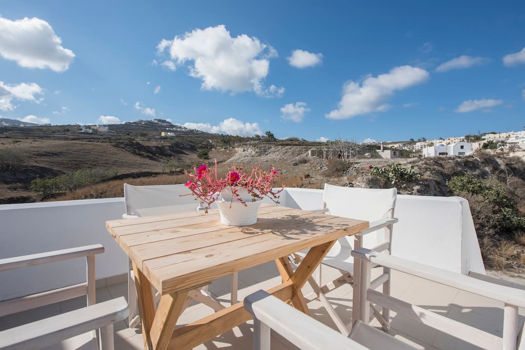 View to the traditional village Pyrgos, from the balcony