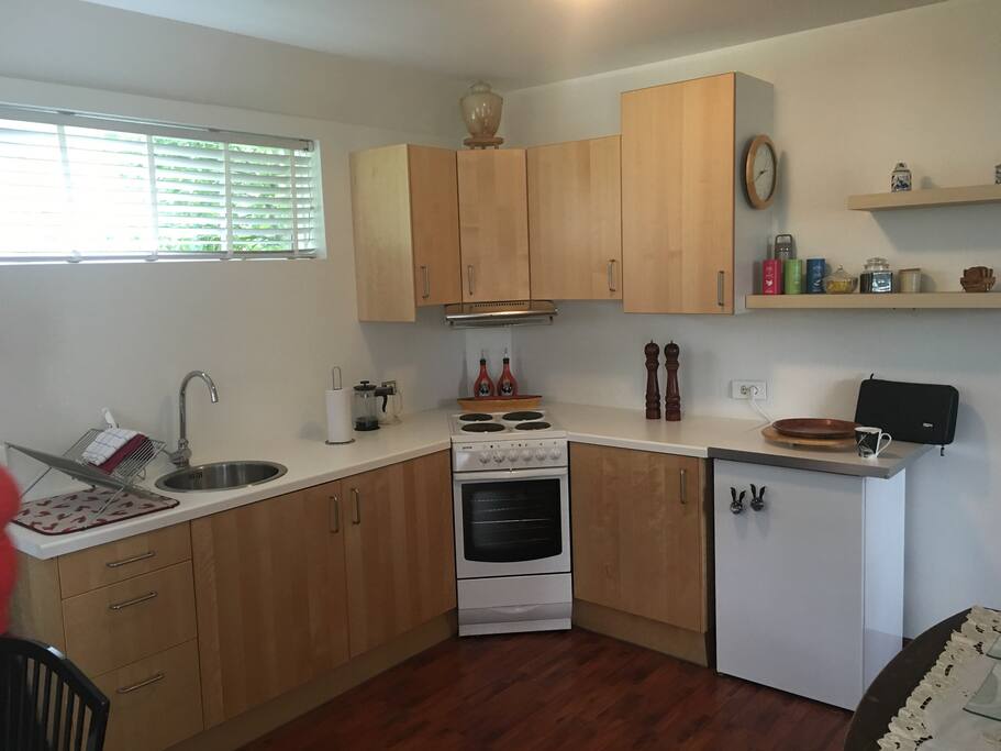 This is our kitchen which has different utilities, such as stove, oven, desk barbeque