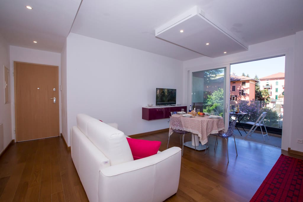 Living room with access to the balcony and sleeping sofa for 2