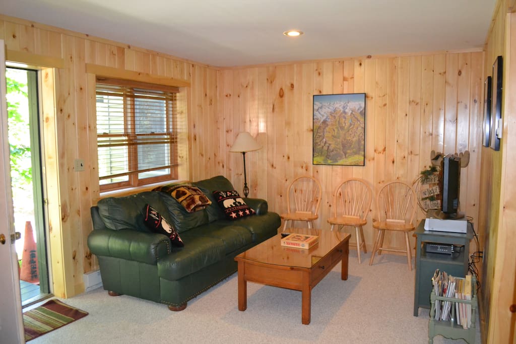 Lower level knotty pine den with TV
