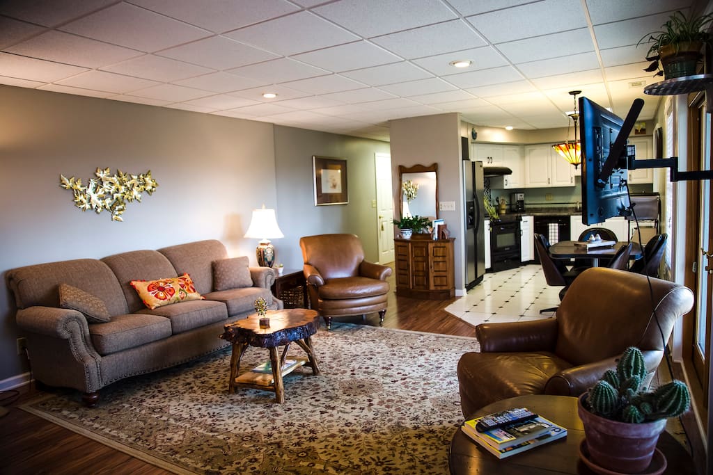 The main living space of the apartment has an open floor plan concept, and affords plenty of natural light.
