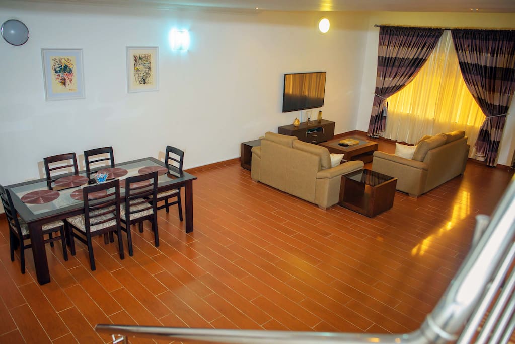Aerial view of Living Room 1 & Dining Area.