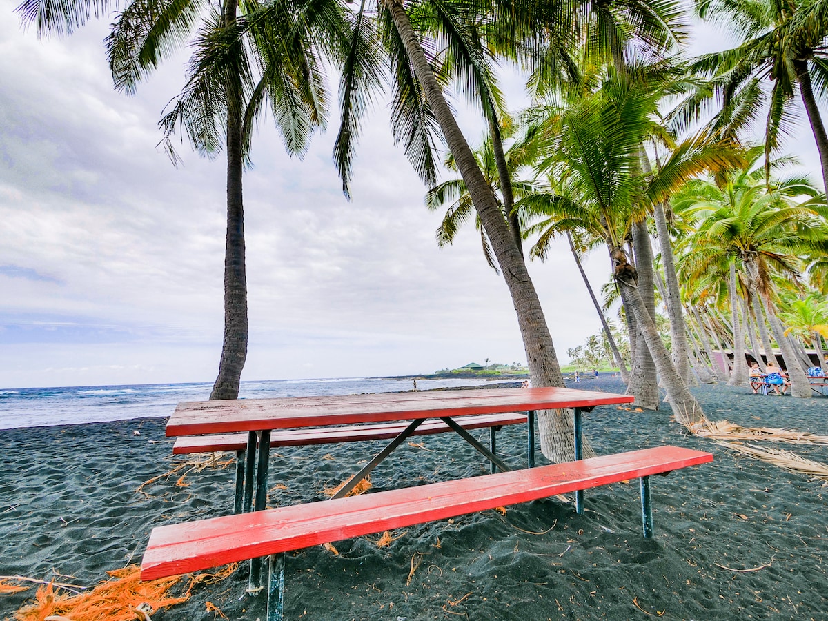 A red picnic table is situated on black sand beach, surrounded by tall palm trees. The ocean is visible in the background, with gentle waves lapping at the shore. Overcast skies create a serene atmosphere, enhancing the natural beauty of the coastal environment.