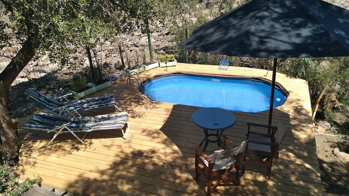 A deck surrounds an oval pool, complemented by a wooden lounge area. Two striped lounge chairs and a small table are positioned under a large umbrella, providing shaded seating. Lush greenery and natural textures create a serene outdoor setting.