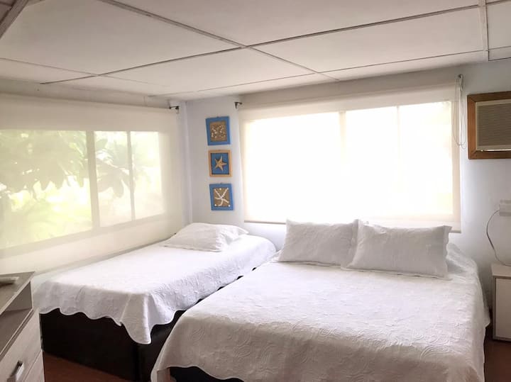 Este cuarto cuenta con dos camas, una doble y una sencilla las cuales tienen colchones nuevos muy confortables.
Tiene arie acondicionado y baño privado.
Cuenta con una vista al mar muy bonita y es un lugar muy tranquilo.