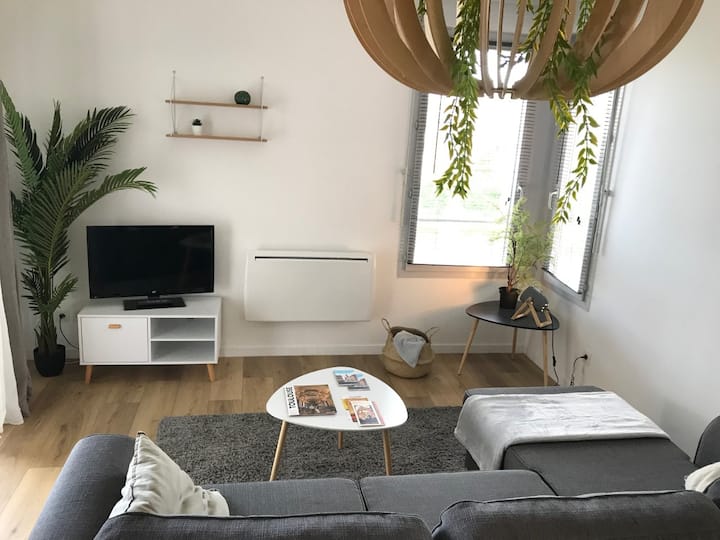 منطقة استراحة مع تلفزيون TNT وسرير أريكة مريح في الزاوية.