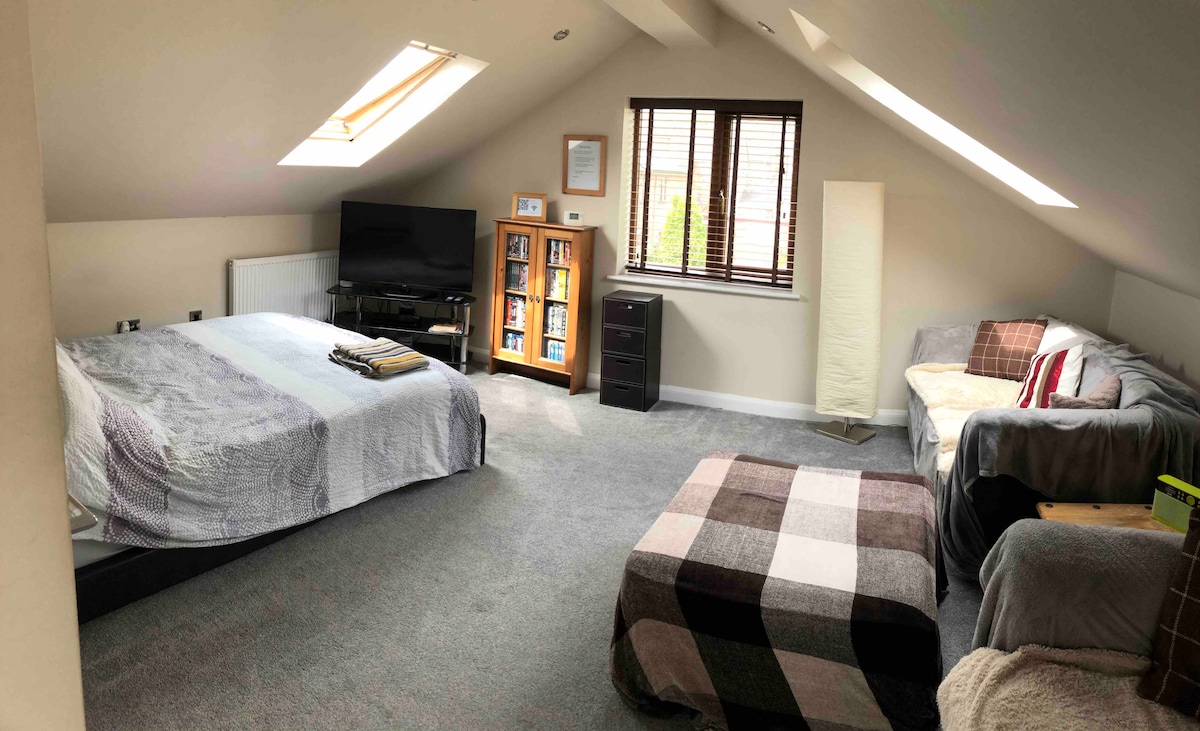 A spacious living and bedroom area is visible, featuring a large bed with a patterned blanket. A television is positioned on a stand, complemented by a bookshelf and a dresser. Natural light enters through a skylight and window, illuminating the room's neutral tones.
