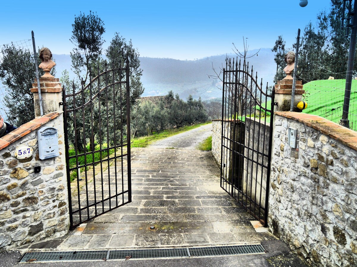 A gated entrance reveals a stone pathway leading through olive groves, with distant hills visible in the background. The wrought iron gates are flanked by stone pillars, creating a welcoming yet private atmosphere.