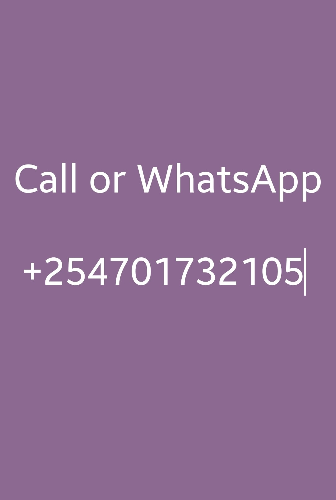 A simple design features bold white text on a soft purple background. The text invites contact through call or WhatsApp, displaying the phone number prominently for easy visibility.