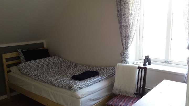 Ტბისპირა საძინებელში დგას ორი ერთადგილიანი საწოლი