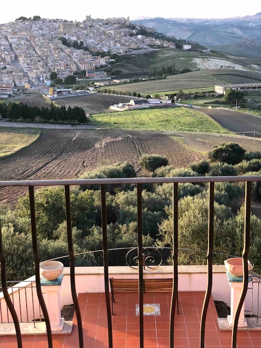 Beautiful view of the town of Pietraperzia below from our lovely master bedroom balcony