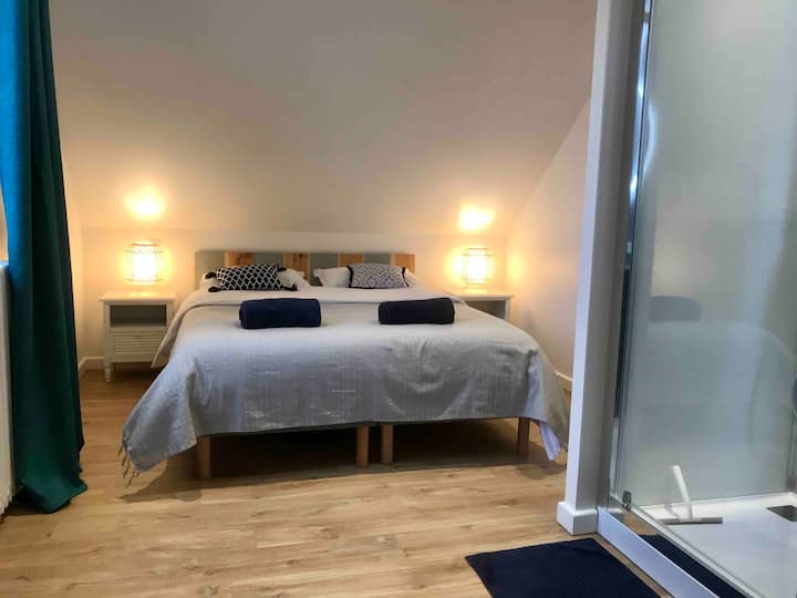 Master suite with queen size bed and shower area