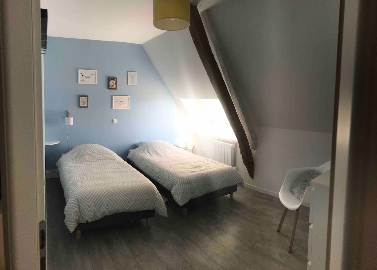 Chambre avec 2 lits jumeaux pouvant être accolés  - Linge de lit fourni,  lits faits à l'arrivée.
Chaise et commode 