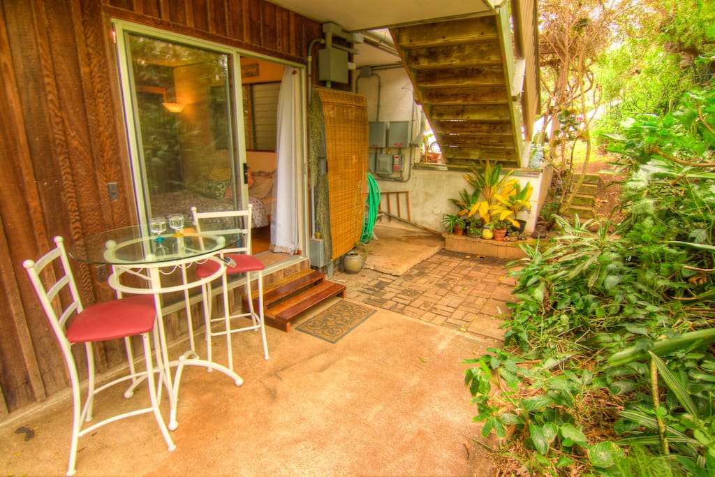 Your private entrance and garden-side bistro table.