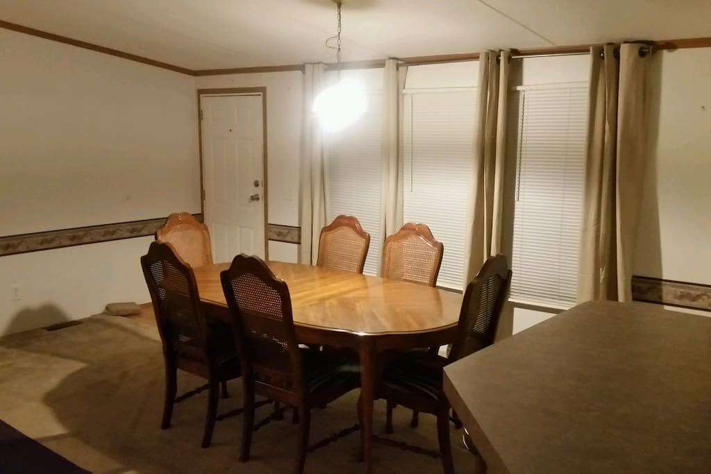 Dining area windows catch morning sun.