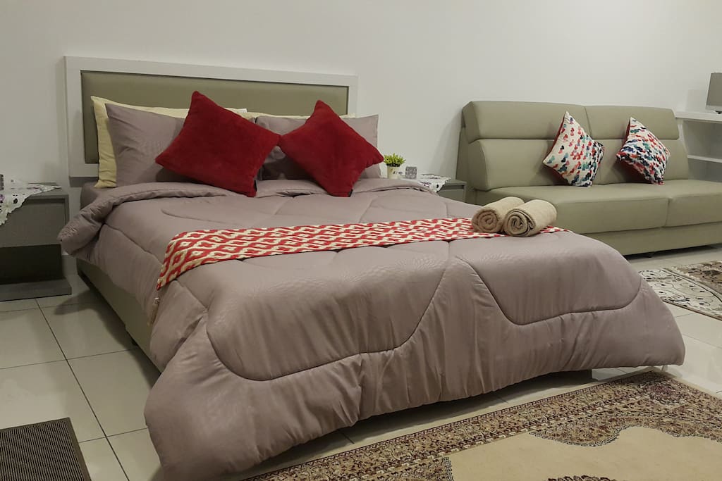 Queen bed with 4 Pillows, a luxurious Comforter set and 2 throw cushions.