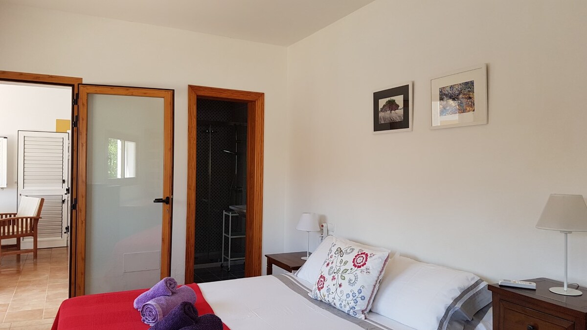 A well-lit bedroom features a spacious bed adorned with floral and solid-coloured pillows. Two bedside tables with lamps are positioned on either side. Framed artwork decorates the wall above the bed, while a doorway leads to a private bathroom and additional living space.