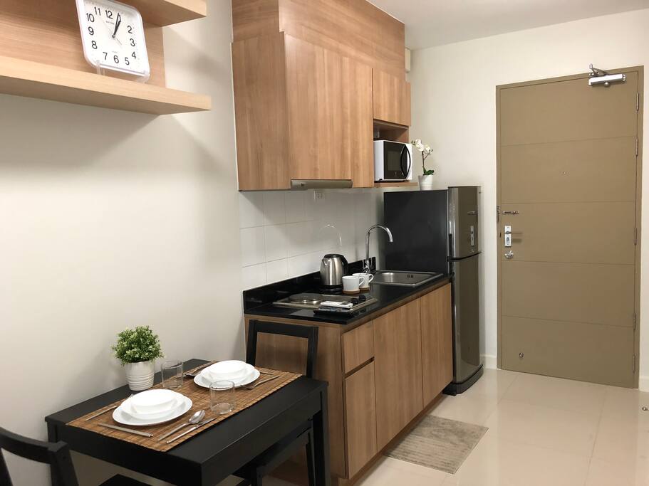 Dining table, chair, and Kitchenette.