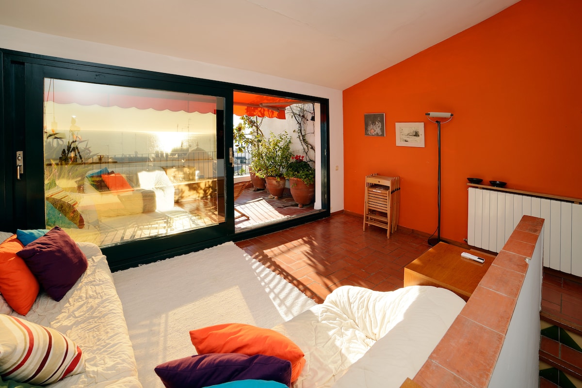 A bright living space features an orange accent wall and a large glass door that opens to a terrace. A white sofa is adorned with colorful cushions, and potted plants are visible outside, with natural light illuminating the room.