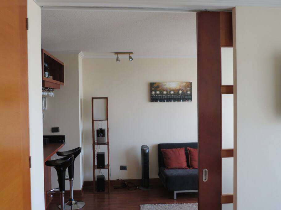 Living, sofacama para un pasajero extra, equipo musical, ventilador, telefono inalambrico, vista a la ciudad.