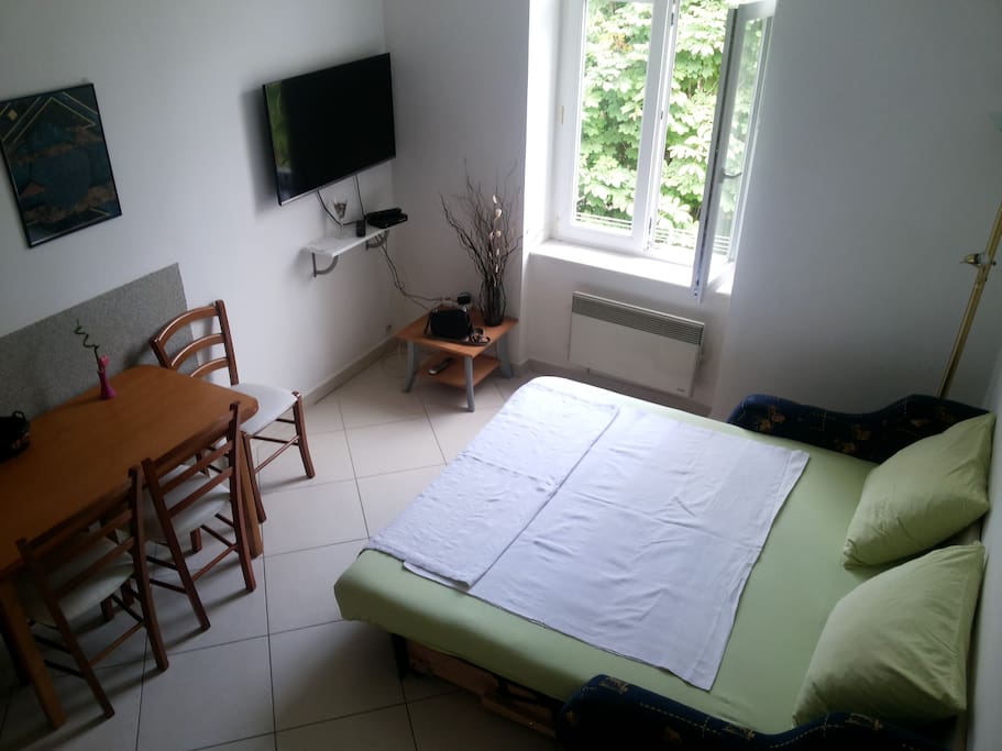 Main room, living and dining room, bedroom, folding couch and kitchen table