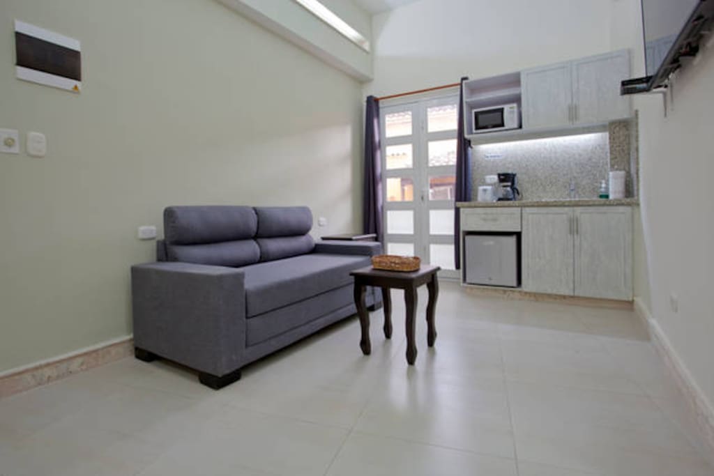 Living area with mini kitchen, sofa-bed, bathroom and window to balcony.