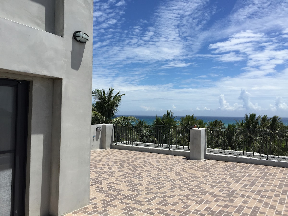 A spacious terrace features a tiled floor and offers wide views of the ocean and surrounding palm trees. The blue sky is dotted with clouds, creating a bright and open atmosphere. A low wall borders the terrace, enhancing the sense of openness.