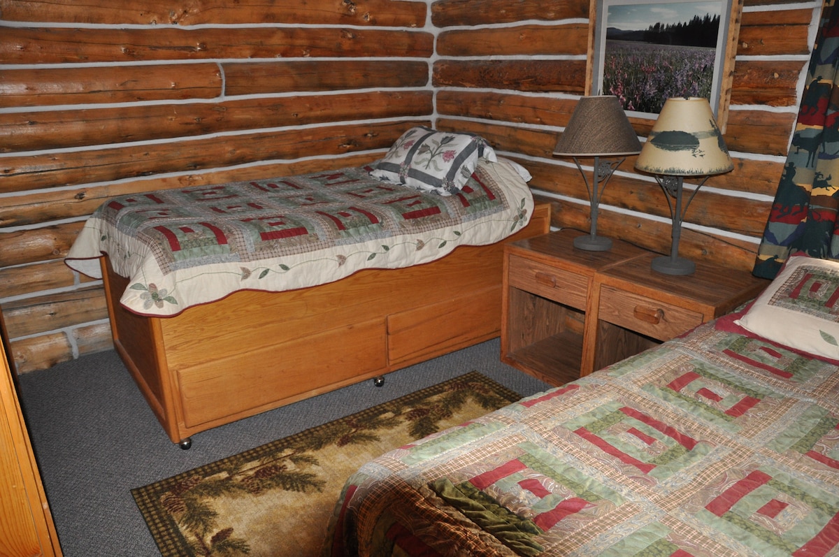 The downstairs bed room has a queen and a single bed with night tables.