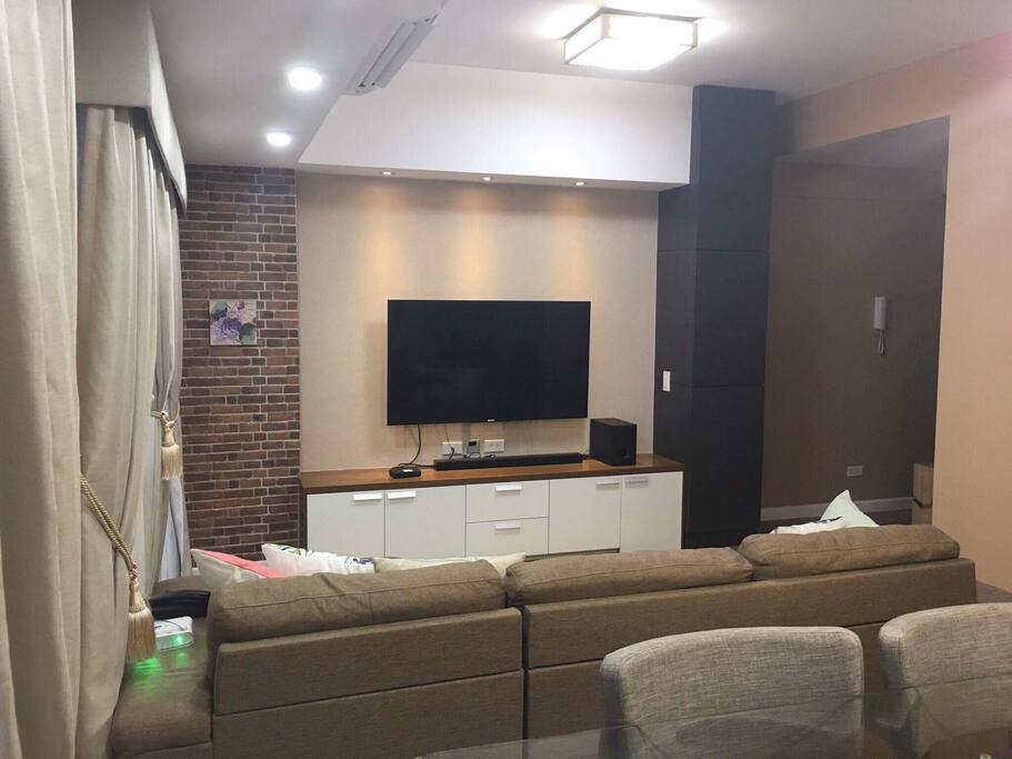 It comes with 55" television with cable and a Bluetooth speaker