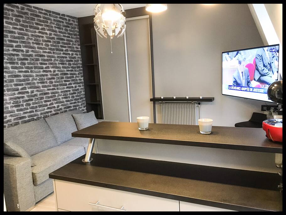 Salon avec un convertible doté d'un vrai matelas.