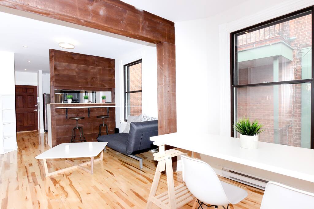 Living space, counter space and dining room