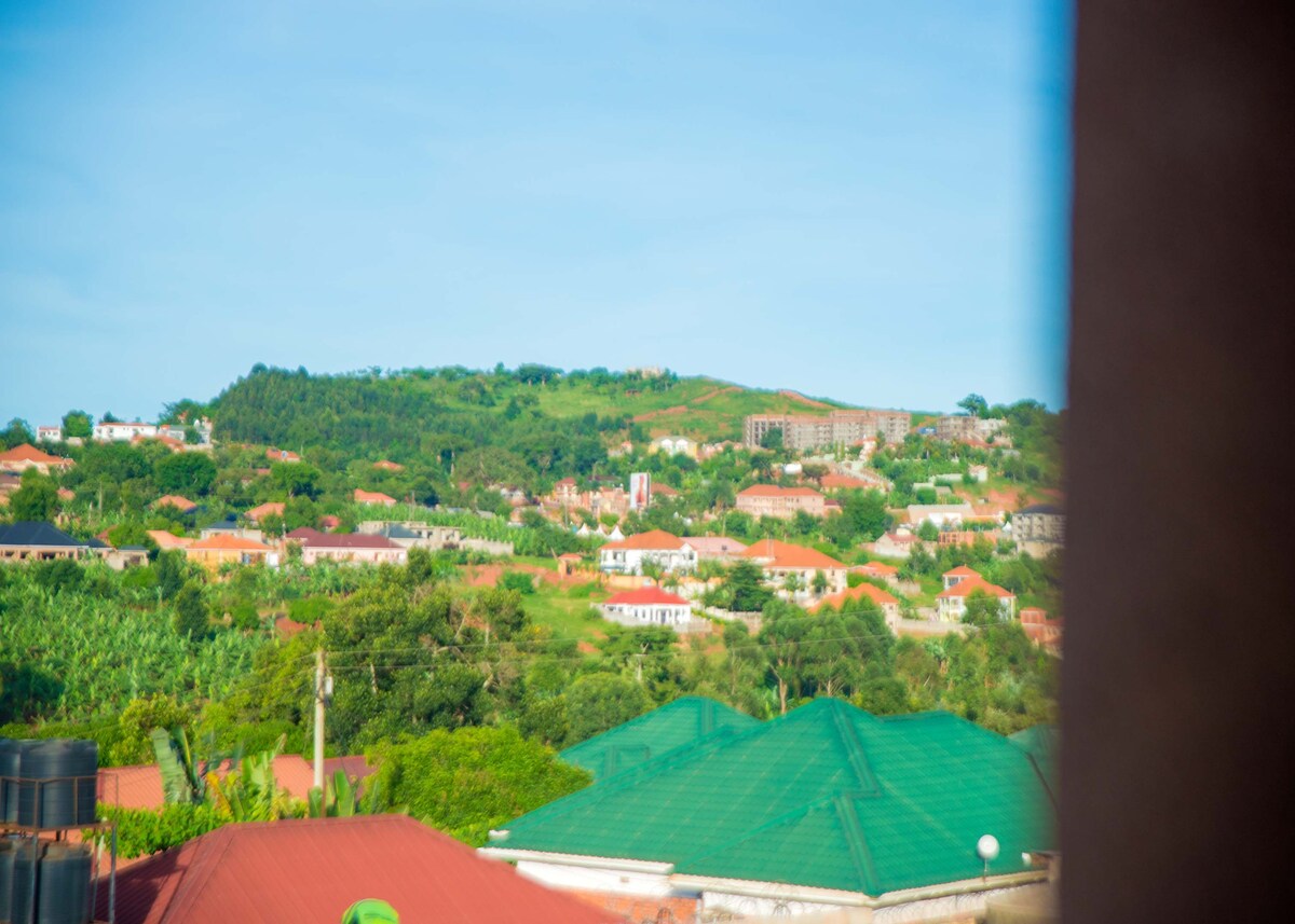 A panoramic view of the surrounding hills is displayed, with a mixture of green foliage and various residential buildings. Roofs in shades of red and green add color to the scene, reflecting the peaceful ambiance of the neighborhood.