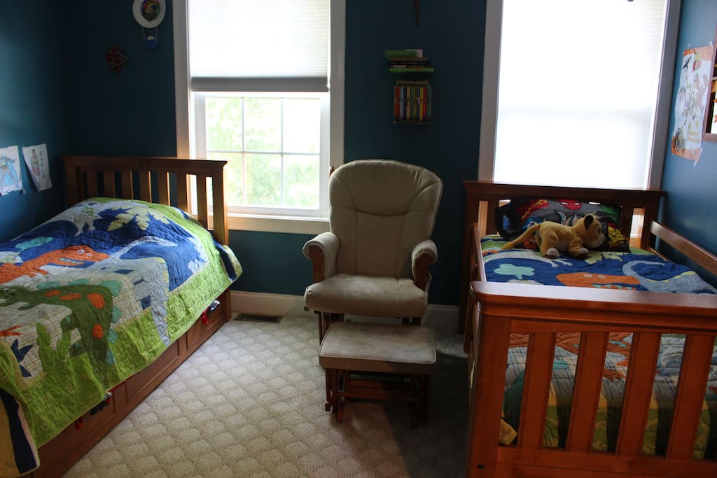 Bunk beds, trundle bed, and crib.