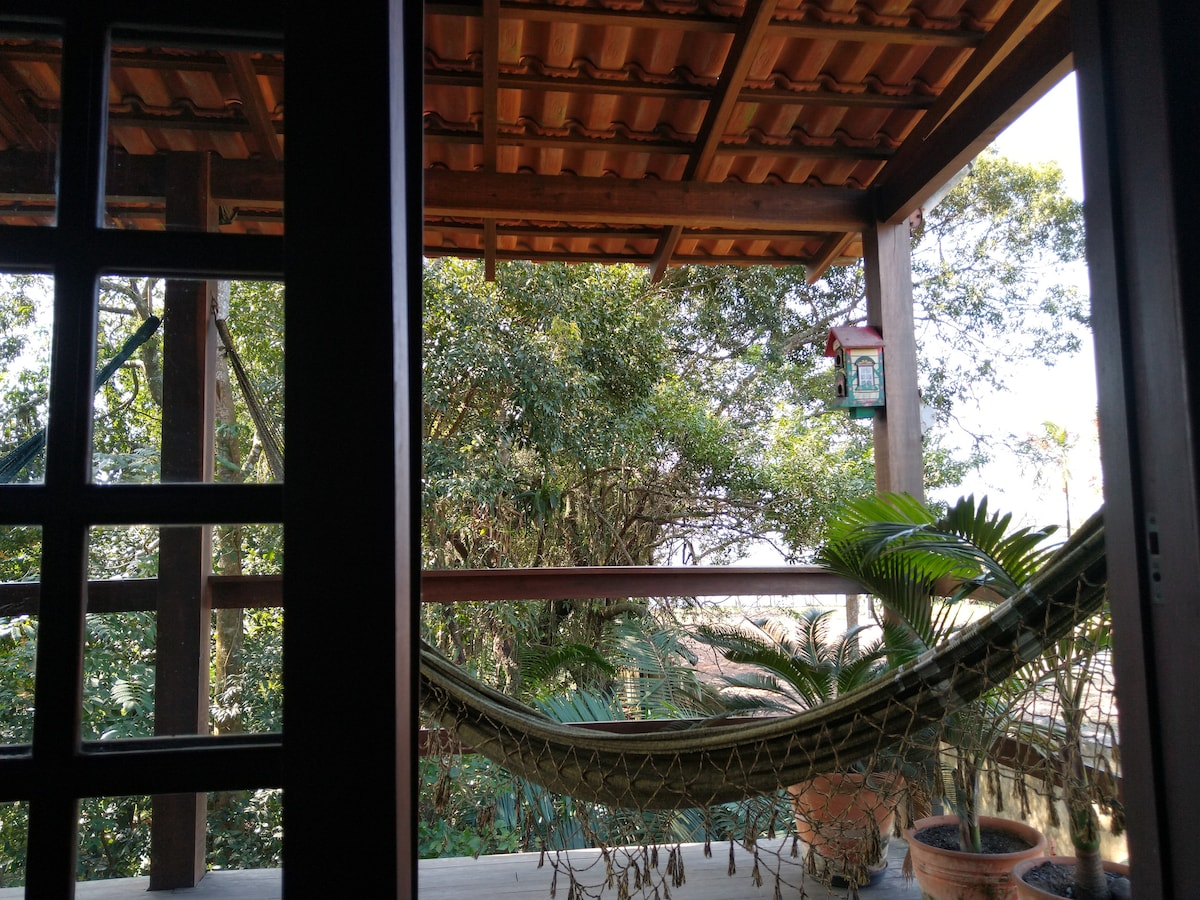 A view from inside the house showcases a spacious wooden deck with a hammock gently hanging. Tropical plants are positioned in pots along the railing, while the lush green trees create a serene backdrop. Natural light filters through the open door.
