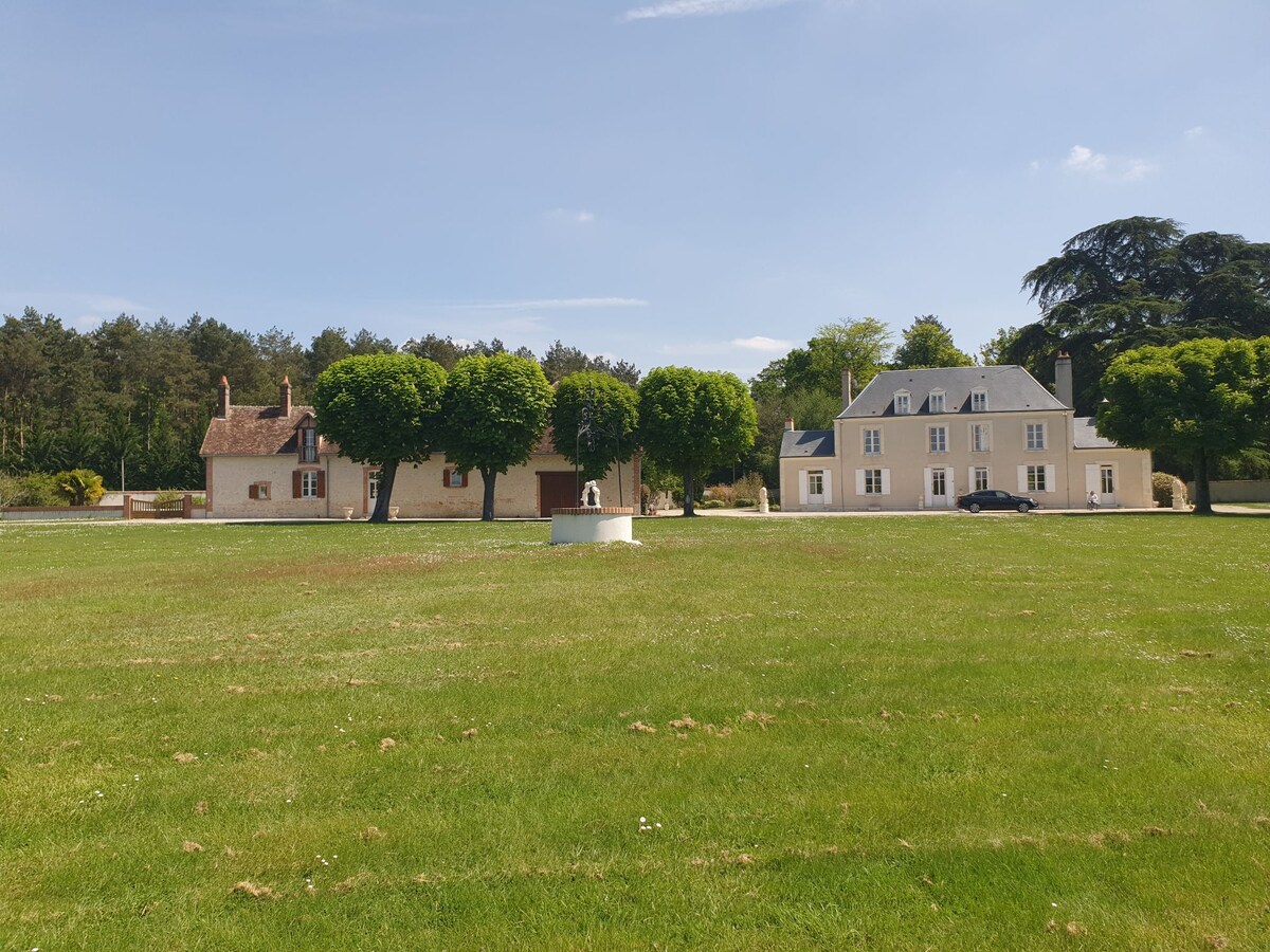 The spacious property is set on a verdant lawn, surrounded by trees. Two distinct buildings are visible: a charming cottage with a thatched roof and a larger, elegant home with multiple windows. An ornamental well is centered in the manicured grass, creating a serene atmosphere.