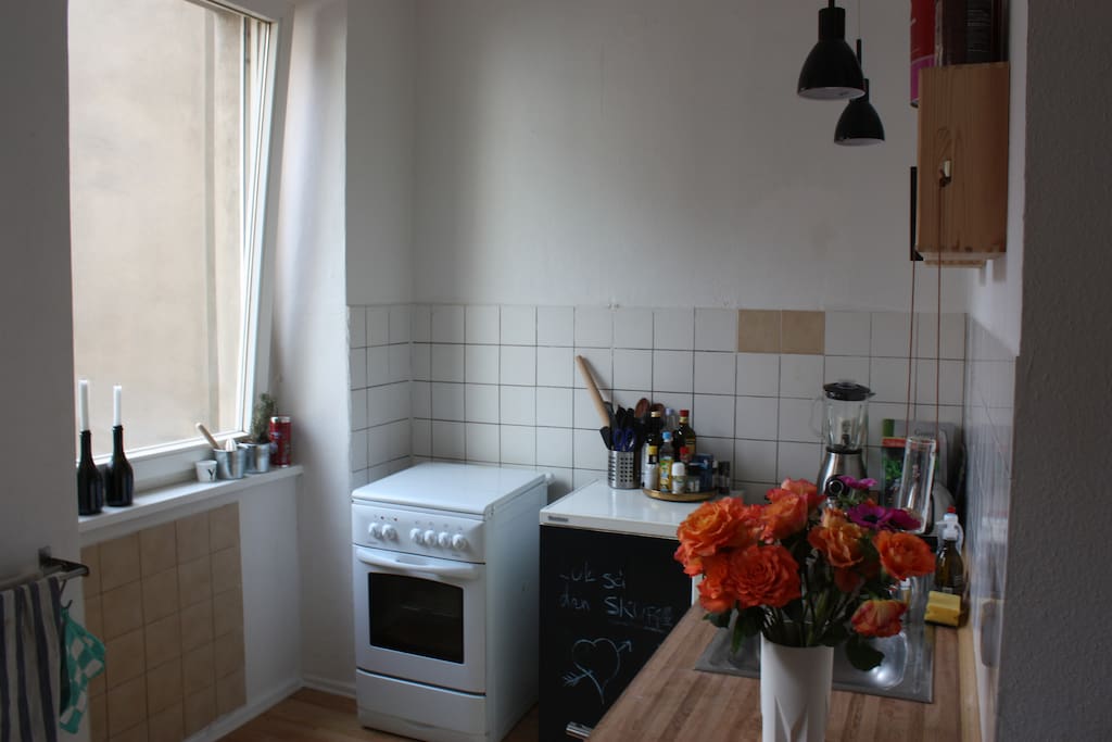 Kitchen with functioning oven, four stovetops and refrigerator