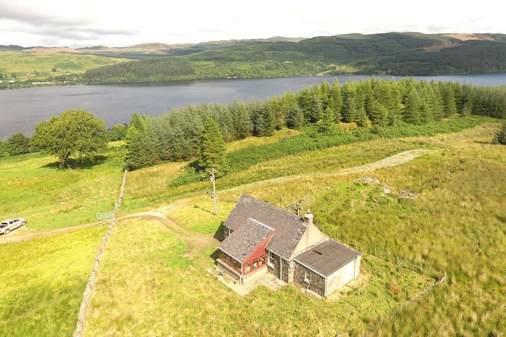 Ariel shot of Cottage and Loch Awe