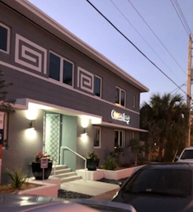 Front of building at night