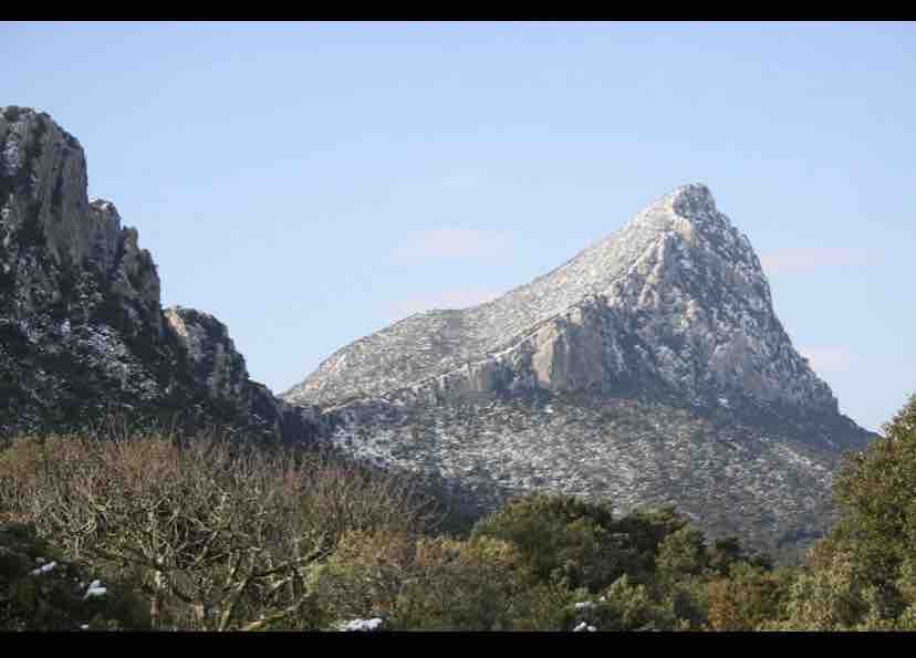 A majestic mountain peak rises against a clear blue sky, partially covered in snow. Lush greenery and shrubs frame the foreground, showcasing the natural landscape surrounding the summit.