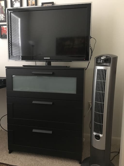 Chest of drawers for your use, along with a 40" hdtv with premium channels, the entire movie package, and dvr!