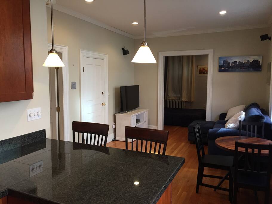 Countertop area with two bar stools. Great for entertaining and even eating.