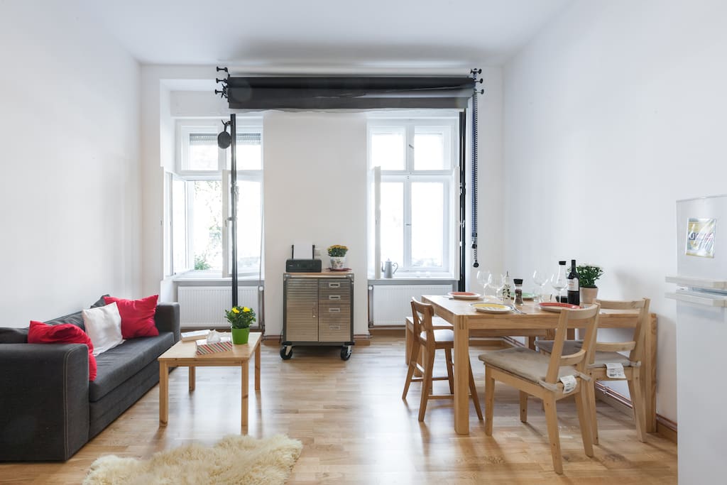 Studio, livingroom including a sleeping sofa, fully equipped kitchen