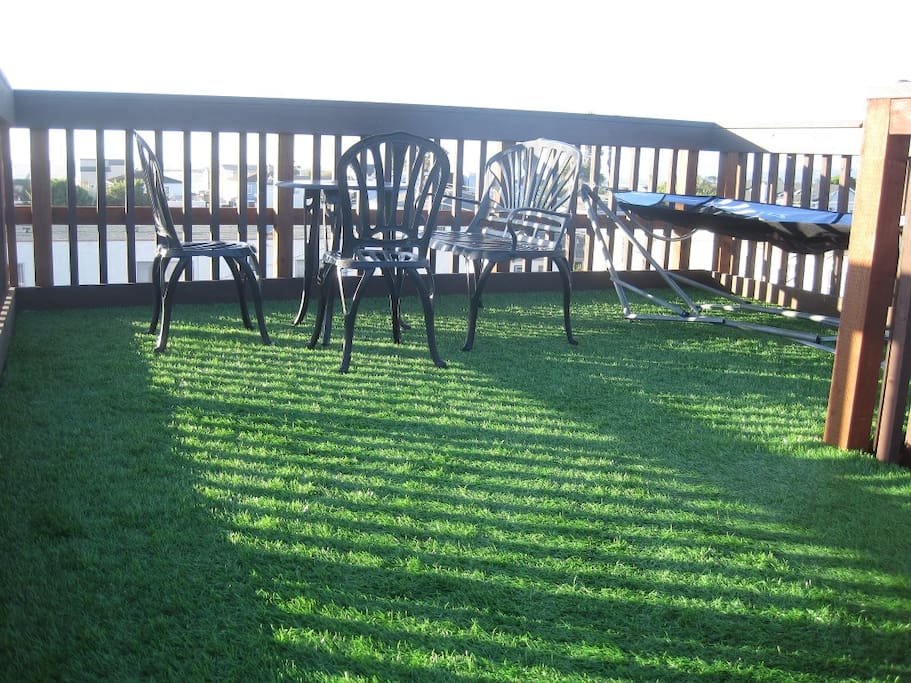 Spacious, grass-covered rooftop deck is a great spot to unwind and hang out!